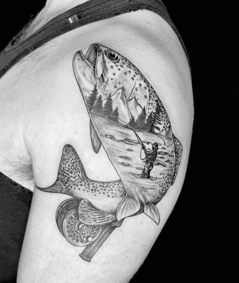 Fishing Tattoo Design, Fishing Tattoo Ideas, Tattoo Ideas Red, Fisherman Tattoo, Trout Tattoo, Coyote Tattoo, Fly Fishing Tattoo, Elk Tattoo, Tattoo Fly