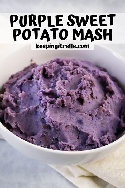 Vibrant purple sweet potato mash is the perfect side dish. Slightly sweet and packed with nutrients, these Okinawan sweet potatoes will have you coming back for more. Hawaiian Purple Sweet Potato Salad, Hawaiian Sweet Potatoes, Hawaiian Purple Sweet Potato Recipes, Hawaiian Sweet Potato Recipes, Okinawan Sweet Potato Recipes, Purple Mashed Potatoes, Okinawan Sweet Potato, Fodmap Food, Sweet Potato Mash