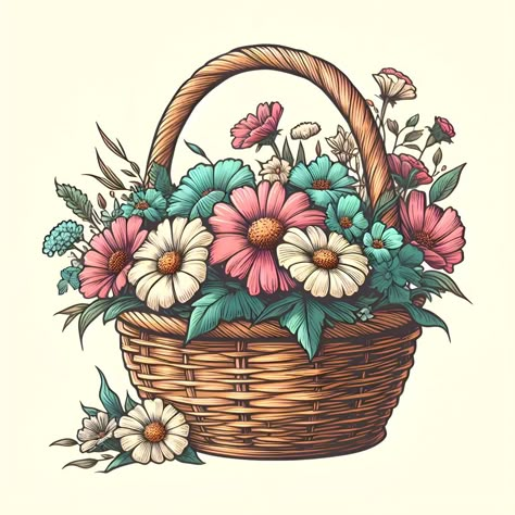 Basket Of Flowers Drawing, Flower Basket Drawing, Flowers To Print, Flower Journal, Basket Drawing, Flower Clip Art, Nature Illustrations, Bond Paper Design, Clipart Flowers