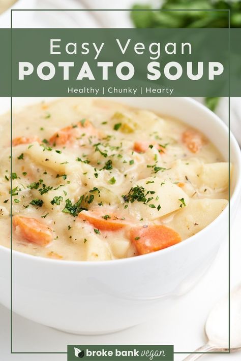 This vegan potato soup is loaded with hearty, warming, and comforting flavors! This recipe combines creamy potatoes, savory onions and celery, and sweet carrots, all simmered together until tender. Finish everything off with a splash of non-dairy milk or heavy cream and your favorite garnishes for an ultra-satisfying bowl. #veganpotatosoup #vegansoup #potatosoup Vegan Broccoli Potato Soup, Dairy Free Potato Soup, Sweet Carrots, Vegan Potato Soup, Easy Vegan Soup, Creamy Potatoes, Non Dairy Milk, Vegan Cheddar, Vegan Fish