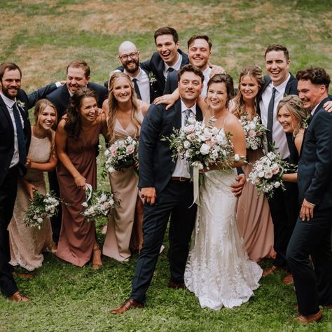 Navy Blue And Green Wedding Party, Navy Sage And Tan Wedding, Brown Suit Wedding Party, Wedding Party Not Matching, Brown And Blue Bridesmaid Dresses, Navy Blue And Brown Wedding Theme, Navy Suits And Bridesmaid Dresses, Wedding Party Navy Suits, Navy Groomsmen Suits And Bridesmaids