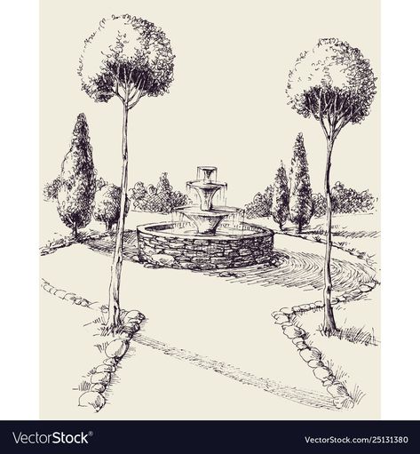 Water Fountain Art, Park Sketch Drawing, Water Fountain Sketch, Fountain Drawing Easy, Water Fountain Drawing, Garden Sketch Drawing, Fountain Sketch, Fountain Drawing, Park Sketch