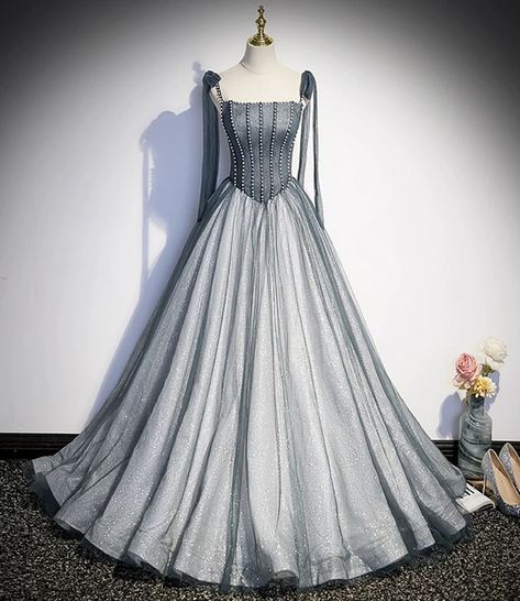 Gray tulle long A-line ball gown formal gown · Little Cute · Online Store Powered by Storenvy Prom Dress With Pearls, High Low Evening Dresses, Dress With Pearls, Grey Evening Dresses, Dreamy Wedding Dress, Prom Inspo, Tulle Balls, Lace Formal Dress, Tulle Ball Gown