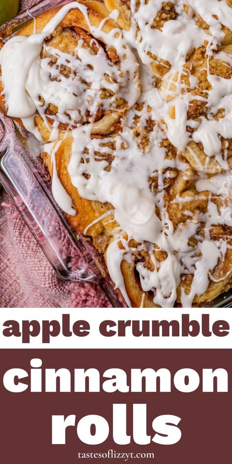 Apple Crumble Cinnamon Rolls, Apple Crisp Cinnamon Rolls, Apple Crumble Cinnamon Roll, Breakfast Bakery Items, Cinnamon Rolls And Apples, Breakfast Apple Crumble, Cinnamon Breads, Apple Pie Cinnamon Rolls, Brunch Foods