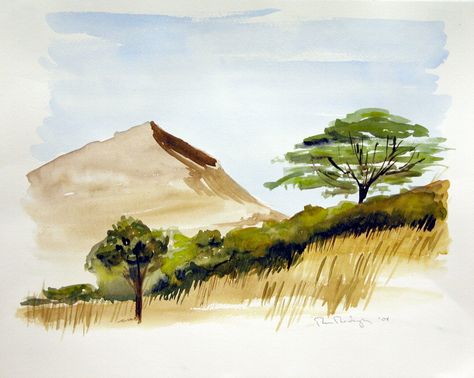 I painted this one from a photo, an African Savannah. African Watercolor Art, Africa Watercolor, Savannah Painting, African Savannah Landscape, Savannah Africa Landscape, Savannah Illustration Landscape, Savannah Watercolor, African Savannah Landscape Painting, Mountain Drawing