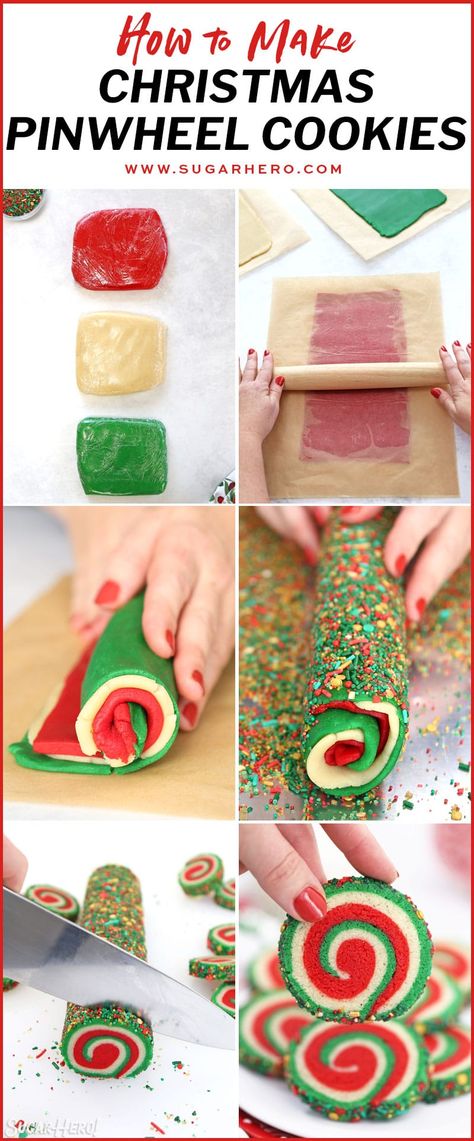 Christmas Pinwheel Sugar Cookies might be the best Christmas cookie recipe ever! They’re made with a simple sugar cookie dough, and the beautiful red, white, and green spiral design is surprisingly easy to make. #sugarhero #pinwheelcookies #christmascookies #holidaycookies Christmas Cookie Pinwheels, Red And Green Sugar Cookies Christmas, Spiral Christmas Cookies, Sugar Swirl Cookies, Christmas Pinwheels Cookies, Christmas Pinwheel Cookies Recipe, Christmas Swirl Sugar Cookies, Red And Green Sugar Cookies, Pin Wheel Cookies Recipes