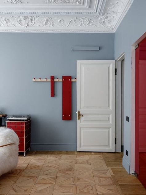 Powder Blue Bedroom, Blue Room Paint, Red Interior Design, Industrial Room, Oval Room Blue, Blue Interior Design, Hallway Inspiration, Blue Furniture, Bedroom Red