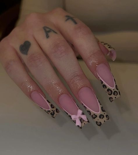 acrylics ~ matte nails ~ gel x ~ cheetah print ~ bow nails ~ animal nails ~ long acrylics ~ squarw nails ~ long square acrylics ~ french tips ~ pink cheetah nails Leopard Print Nail Art, Leopard Nail Designs, Leopard Print Nail, Cheetah Print Nails, Print Nail Art, Cheetah Nail Designs, Bow Nails, Cheetah Nails, Leopard Print Nails