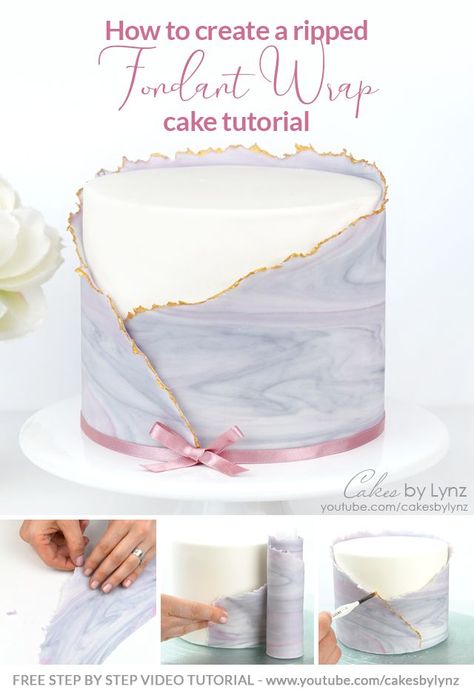 How to create a ripped fondant wrap to add onto your cakes - cake decorating tutorial Modern Fondant Cake Design, Dummy Cake Decorating Ideas, Buttercream And Fondant Cake, Torn Fondant Cake, Ripped Fondant Wrap Cake, Fondant Wrap Cake Design, How To Paint Fondant, Fondant Wrap Cake, Marble Cake Design Birthday