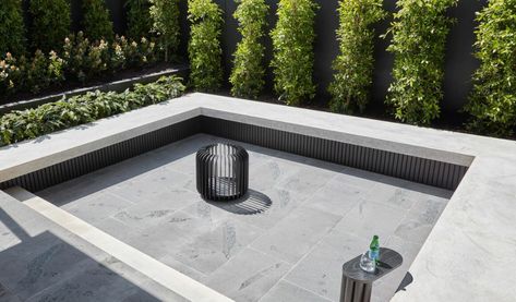 Brighton - Bamstone Modern Fire Pit Ideas, Melbourne Landscape, Garden Wall Cladding, Sunken Courtyard, Brighton Melbourne, Bluestone Paving, Melbourne Garden, Paving Tiles, Fire Pit Garden