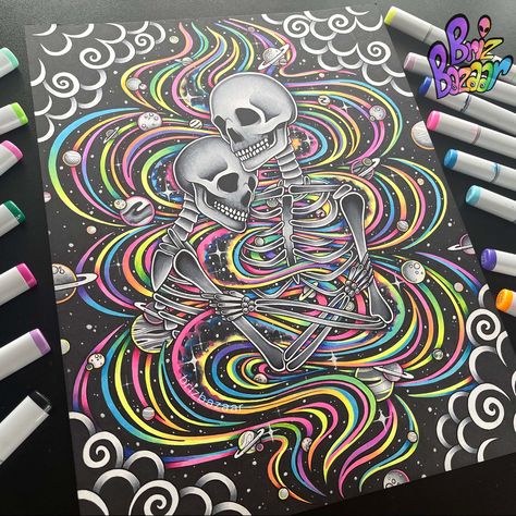 Psychedelic skeleton art inspired by The Lovers tarot. Trippy Skeleton Art, Tarot Space, Trippy Skeleton, Space Skeleton, Cosmic Lovers, Sketch Tips, Skeleton Lovers, Alice And Wonderland Tattoos, Aesthetic Neon