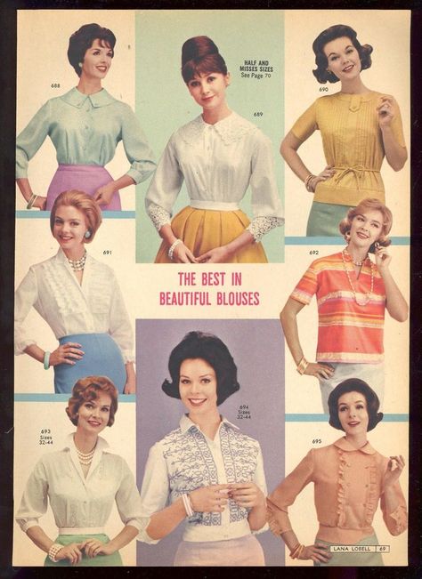 1960s blouses Lana Lobell, 60s Fashion Vintage, 60s Vintage Fashion, 1960’s Fashion, 1960 Fashion, 1960s Outfits, Ad Fashion, Swinging Sixties, Bobbie Brooks