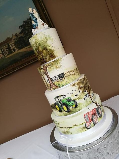 Country hand painted wedding cake by Lotties Little Cake co - http://cakesdecor.com/cakes/305892-country-hand-painted-wedding-cake Farming Wedding Cakes, Tractor Wedding Cake, Farm Theme Wedding Cake, Wedding Cake Farm Theme, Farming Cake, Farming Background, Wedding Cake Painted, Farm Wedding Cake, Farm Themed Wedding Cake Toppers