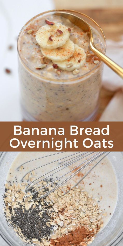 Look forward to breakfast again with easy and filling Banana Overnight Oats that tastes like banana bread! Made with nourishing staples like rolled oats, protein-packed Greek yogurt, chia seeds, peanut butter and cinnamon. Banana Oats Overnight, Healthy Oat Snack Recipes, Banana Bread Chia Pudding, Individual Overnight Oats, Flax Seed Overnight Oats, Rolled Oat Recipes, Banana Split Overnight Oats, Oatmeal And Banana Recipes, No Yogurt Overnight Oats