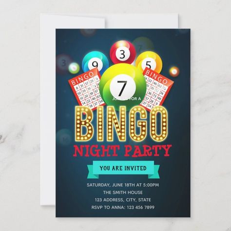 Bingo night party invitation  Zazzle Bingo Party Decorations, Casino Invitations, Black Tie Birthday Party, Night Party Invitation, Birthday Bingo, Casino Night Invitations, Food Deserts, Bingo Party, Bingo Night