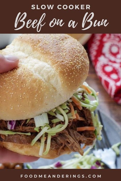 This Slow Cooker Beef on a Bun is easy to make, using a economical cut of meat (round roast, chuck roast, or sirloin roast,). It's perfect for any backyard BBQ, potluck or feeding a crowd! Crockpot Beef On A Bun, Chuck Roast Bbq Slow Cooker, Beef On A Bun For A Crowd, Roast Beef On A Bun, Beef On A Bun Slow Cooker, Beef On A Bun, Bbq Potluck, Chuck Roast Recipes, On A Bun