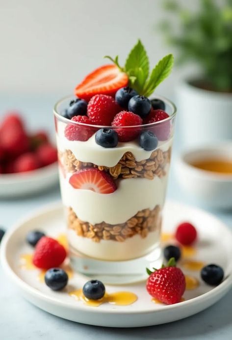 A layered yogurt parfait with yogurt, granola, strawberries, blueberries, and raspberries in a clear glass, drizzled with honey on a white plate. Yoghurt With Fruit, Parfait Photography, Breakfast Yogurt Bowl, Yogurt Parfait Bar, Valentine's Breakfast, Parfait Bar, Hotel Breakfast Buffet, Breakfast Ideas For A Crowd, Food Menu Ideas