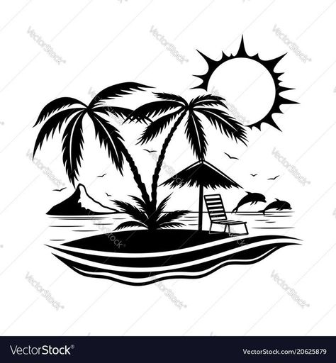 Beach With Palm Trees, Palm Tree Drawing, Tropical Beach Resorts, Tropical Beach Houses, Palm Tree Vector, Trening Sztuk Walki, Beach Tattoo, Black And White Art Drawing, Silhouette Stencil