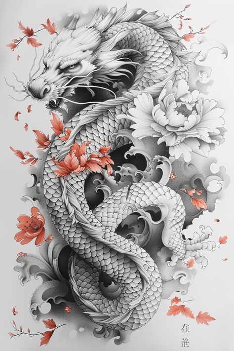 Colorful Tattoo - Traditional Tattoos - Special Meaningful Tattoo - Dreamy Designs - The Most Beautiful Tattoo - Magical Moments  - Tattoo Designs Drawings #TattooDrawings #TattooRealistic #TattooDesigns Chrysanthemum Dragon Tattoo, Dragon Tattoo Sleeve Women, Full Sleeve Tattoo Designs For Women, Geisha And Dragon Tattoo, Chinese Dragon Head Drawing, Year Of Dragon Tattoo, Dragon Tattoo Korean, Dragon Tattoo With Cherry Blossoms, Realism Dragon Tattoo