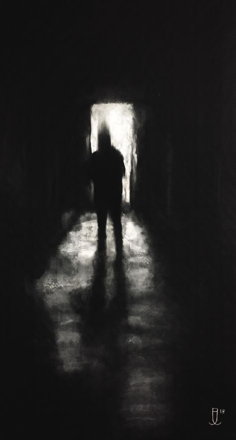 A pastel drawing of a man in a doorway Man In Shadow Dark, Man In Doorway, The Chosen One Aesthetic, Man Standing In Doorway, Figure In The Dark, Shadow Man, Human Shadow, Devon Artist, Dark Doors