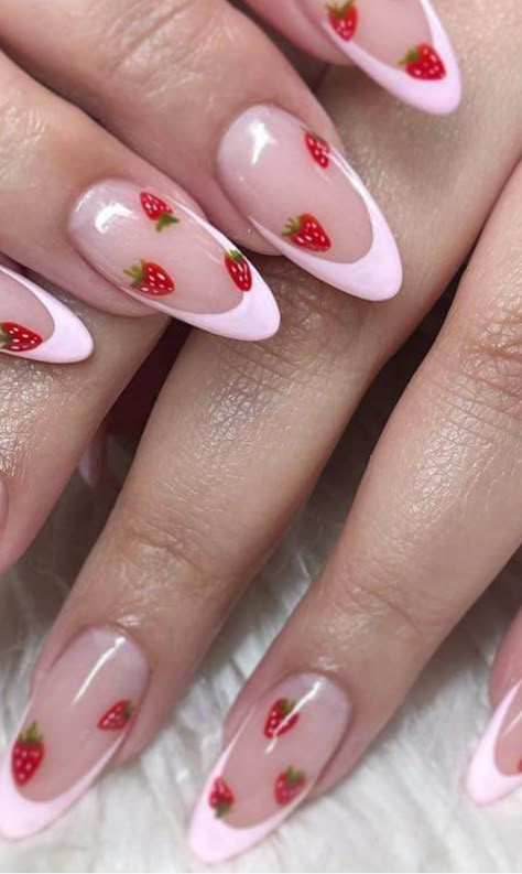 Red French Tip Nails Strawberry, Pink Nails With Strawberries, Strawberry Nails Short, Pink Strawberry Nails, Strawberry Milk Nails, Breakfast Nails, Strawberry Shortcake Nails, Pin Up Nails, Strawberry Nail Art