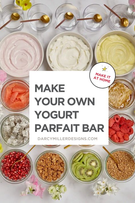 Looking for a creative way to enjoy a healthy snack? Try hosting a yogurt party! With a variety of toppings and mix-ins, you can customize your own parfait in a fun and whimsical way. This DIY parfait bar is perfect for parties, gatherings, or a simple afternoon snack. Whether you prefer sweet or savory, crunchy or smooth, there's a combination that's perfect for you. So gather your friends and family and get ready to indulge in some delicious and creative yogurt parfaits! Make Your Own Yogurt Parfait Bar, Make Your Own Parfait Bar, Diy Parfait Bar, Build Your Own Yogurt Parfait Bar, Yogurt Buffet Bar Ideas, Build Your Own Parfait Bar, Yogurt Mix In Ideas, Diy Clio Greek Yogurt Bars, Yogurt Parfait Bar Buffet Brunch Ideas