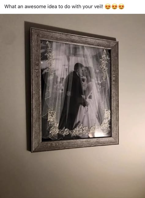 Cool idea to frame your veil with a wedding photo Wedding Dress Frame, Wedding Dress Keepsake, First Dance Photos, Wedding Dress Preservation, Wedding Shadow Box, After The Wedding, Wedding Display, Wedding Mementos, Diy Bridal