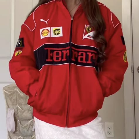 Red Ferrari Jacket Outfit, Outfits With Ferrari Jacket, Ferrari Fashion, Ldr Ferrari Jacket, Ferrari F1 Jacket Outfit, Ferrari Jacket Outfit, Lana In Ferrari Jacket, Red Ferrari Jacket, Vintage Ferrari Jacket