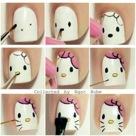 Tutorial hello kity                                                                                                                                                                                 Más Hello Kitty Nail Art, Kitty Nail Art, Paznokcie Hello Kitty, Hello Kitty Nail, Hello Kitty Nails Art, Kitty Nail, Kids Nail Designs, Halloween Nails Diy, Cat Nail Art