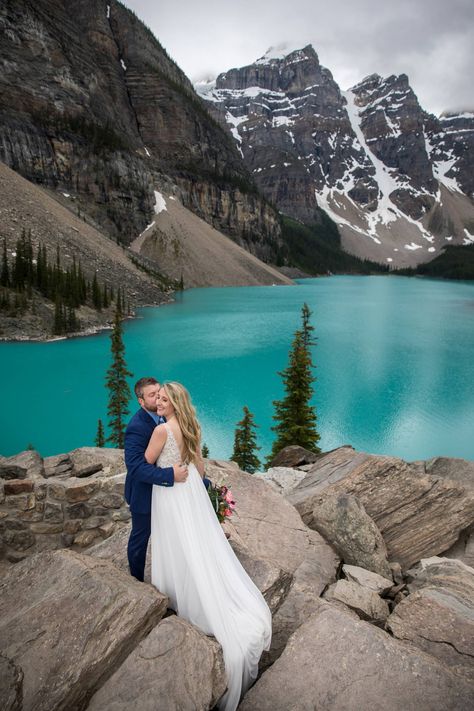 Where to elope in Banff? - Banff Elopement Locations - Banff Elopement Photographer via Kim Payant Photography, Moraine Lake Elopement, Banff Elopement Photographer, Mountain Elopement, Bride and Groom Portraits, Destination Elopement Location, Canadian Rocky Mountains Elopement Elopement Banff, Moraine Lake Wedding, Banff Elopement, Rocky Mountain Elopement, Elopement Bride, Lake Elopement, Where To Elope, Moraine Lake, Emerald Lake