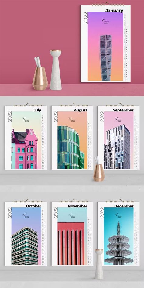 Architecture Calendar Design, Wall Calendar Design Ideas, Architecture Calendar, Graphic Design Calendar, Architecture Desk, Modern Calendar Design, Desk Calendar Design, Colorful Architecture, Wall Calendar Design