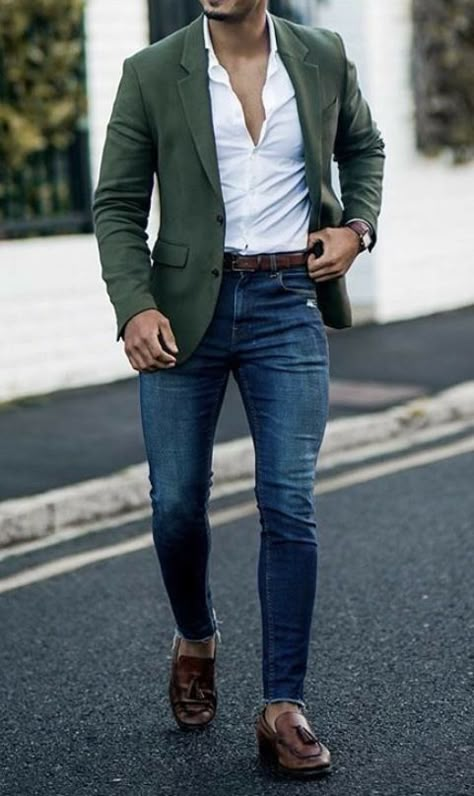 Dark Green Sports Coat Men, Olive Blazer Outfit Men, Green Blazer With Jeans, Olive Green Blazer Outfit Men, Denim With Blazer, Mens Blazer Styles Classy, Green Blazer Mens, Men's Blazer Outfit, Green Blazer Outfit Men