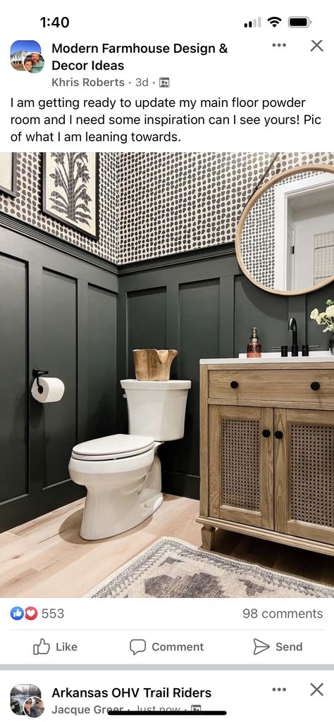 Green Powder Room, Crown Paint, Cove Moulding, Green Accent Walls, Board And Batten Wall, Modern Farmhouse Design, Board And Batten, Bathroom Wallpaper, Laundry In Bathroom