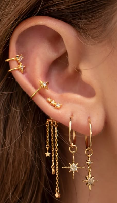 Star Ear Jewelry, Double Piercing Earring Set, Stacked Dangle Earrings, 3 Set Earrings, Small Dangling Earrings, Celestial Ear Stack, 2 Piercing Earrings, Celestial Ear Piercings, Star Earring Stack