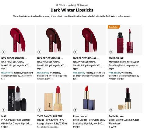 Deep Winter Drugstore Lipstick, Deep Winter Lipstick Shades, Dark Winter Makeup Products, Dark Winter Lipstick Colors, Dark Winter Makeup Palette, Deep Autumn Lipstick Colors, Dark Winter Color Analysis, Dark Winter Color Palette Makeup, Deep Winter Makeup Palette