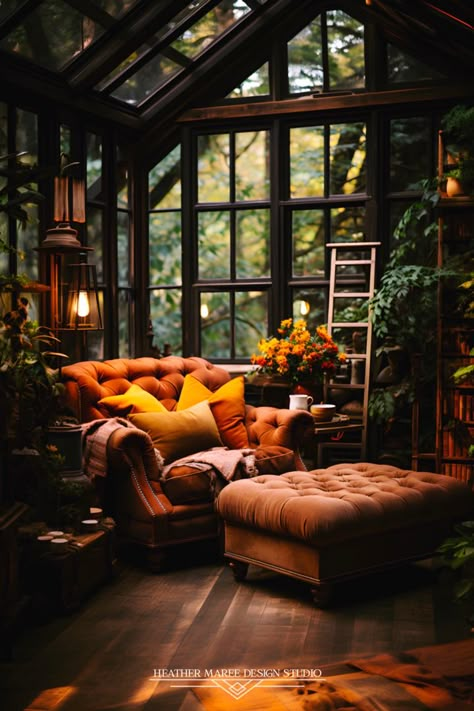 Step into warm rustic serenity with this modern farmhouse sunroom 🧡☀️ Embrace the warmth of wood beams, cozy up in a tufted orange armchair, and let potted plants bring nature indoors 🌿🌻 #ModernFarmhouse #RusticChic #HomeDecorInspo #InteriorDesign #CozyLiving 🌟 As an Amazon Associate I earn from qualifying purchases 🌟 Cozy Wood Interior, Dark Sunroom, Autumn Maximalist Decor, Farmhouse Sunroom Decorating Ideas, Orange Sunroom, Moody Plant Room, Dark And Moody Sunroom, Cozy Wood House Aesthetic, Moody Nature Aesthetic Home