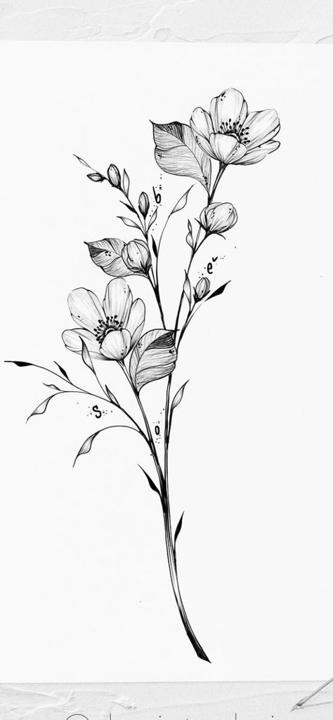 Dainty Vine Drawing, Floral Background Tattoo Design, Fine Line Floral Vine Tattoo, Flower Branches Tattoo, Apple Blossom Branch Tattoo, Long Flowers Tattoo, Apple Flowers Tattoo, Vines Flowers Tattoo, Magnolia Vine Tattoo