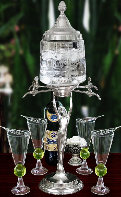 Lady Absinthe Fountain Green Fairy Absinthe, Absinthe Art, Green Fairy, Art Deco 1920s, Sugar Cubes, Cocktail Shakers, Green Led, Vintage Cocktail, Absinthe