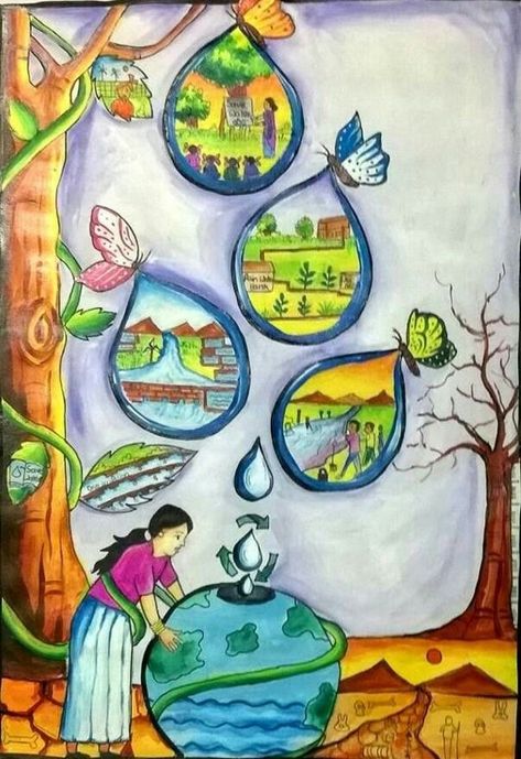 Water Conservation Poster, Save Water Drawing, Save Earth Drawing, Save Water Poster Drawing, Save Water Poster, Drawing Themes, Earth Drawings, India Poster, Earth Poster