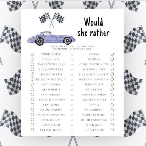 Race car baby shower Would she rather game F1 Baby Shower Theme, Vintage Car Baby Shower Theme, Car Baby Shower Ideas, Car Themed Baby Shower Ideas, Race Car Baby Shower Ideas, Car Baby Shower Theme, Race Car Games, Would She Rather Game, Race Flag