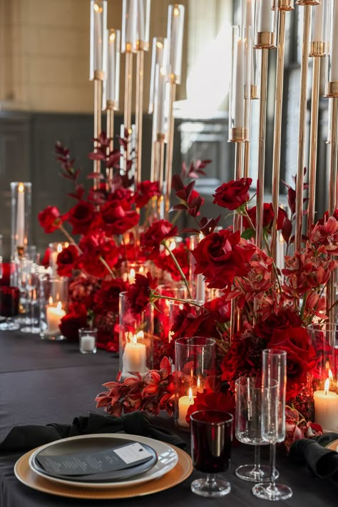 Luxurious, modern styled shoot in downtown Kansas City in romantic reds.
Planner: @SloaneandKoEvents
Photography: @Gracefullymade_in_KS
Videography: @OmegaWeddings
Venue: @SkylineandCo
Special Effects: @IconEventGroupKC
Cake: @PoppyCakeStudio
Stationary: @LittleYellowLeaf
Band: @TwiceonSundayBand
Florist: @GoodEarthFloral
Hair & Make-up: @HelloLovelyKC
Bridal Attire: @SomethingWhiteBridalBoutique
Groom Attire: @DanDantheTailorMan
Rentals: @DutzelsCatering
Models: @Nicole.Lowe & @MathiMus55 Red And Gold Sweetheart Table, Red Flower Candle Centerpieces Wedding, Modern Burgundy Wedding, Burgundy Floral Arrangements Wedding, Red Floral Arrangements, Red Wedding Decor, Red Wedding Receptions, Red Party Themes, Red Flower Arrangements