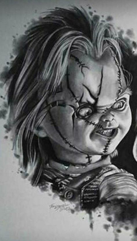 Chucky Sketch, Chucky Tattoo Ideas, Chucky Tattoo Design, Chucky Tattoos, Black And Gray Tattoo Design, Chucky Drawing, Horror Sleeve, Chucky Tattoo, Aztec Warrior Tattoo