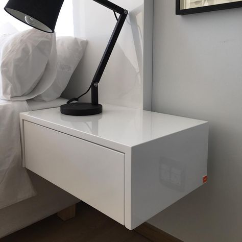 #white single drawer #floating #pedestal with matching #headboard. We love this oh so much. #ode #bedroom Floating Pedestals Bedroom, Duco Finish, Floating Furniture, Floating Headboard, Projector Wall, Bed Back Design, Summer Interior, Interior Finishes, Floating Bed