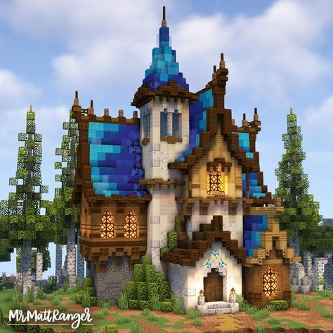 Blue Roof House, Chalet Minecraft, Minecraft Fantasy House, Minecraft Roof, Minecraft Medieval House, Minecraft Kingdom, Minecraft House Ideas, Case Minecraft, Rumah Minecraft Sederhana