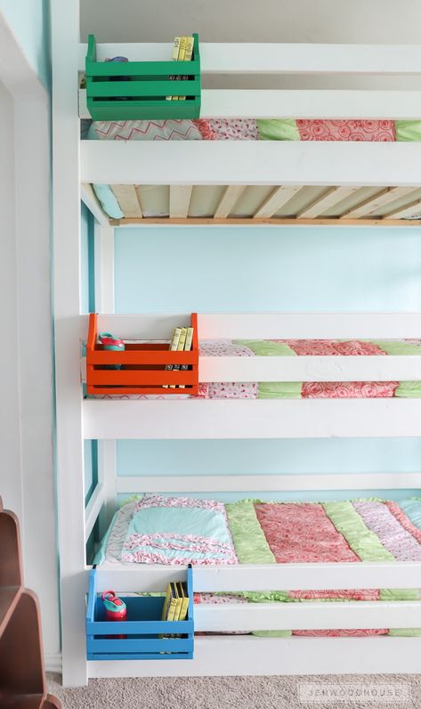 Bunk Bed Pocket, Top Bunk Bed Shelf Ideas, Upper Bunk Bed Storage Ideas, Bunk Bed Shelves, Bunk Bed Nightstand, Bunk Bed Shelf, Bed Shelf, Design Seed, Triple Bunk Beds