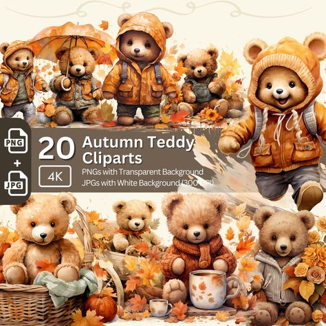 Bear Images Clip Art, Teddy Bear Clipart Free, Crafting Clipart, Vintage Teddy Bears Illustration, Teddy Bear Seamless Pattern, Twddy Bear Clip Art, Fall Crafting, Small Wall Art, Watercolor Design