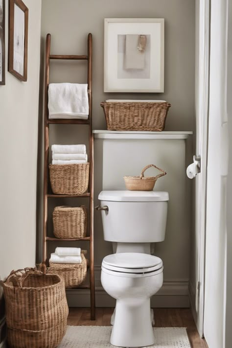 Elegant bathroom with wicker baskets and neatly folded towels on wooden ladder shelves. Over Storage Toilet, Master Bath Towel Storage Ideas, Stylish Over The Toilet Storage, Tiny Toilet Storage Ideas, Back Of Toilet Storage Ideas, Cube Shelf Bathroom Storage Ideas, Beside The Toilet Storage Ideas, Small Bathroom No Storage Ideas, Hanging Towel Storage For Small Bathroom