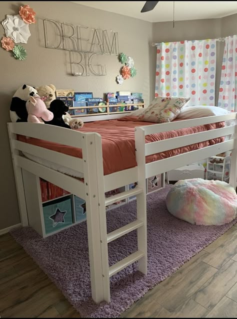 Under Loft Bed Ideas For Girls Room, 6 Year Girl Bedroom Ideas, Bunk Bed Fort Ideas, 7 Year Girl Bedroom Ideas, Loft Toddler Bed, Under Bunk Bed Ideas, Brother And Sister Shared Bedroom Ideas, Toddler Room Layout, Simple Kids Bedroom