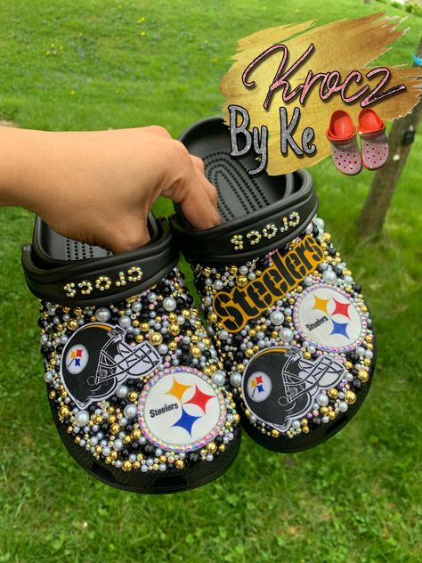 Yellow Bedazzled Crocs, Diy Crocs Shoes, Cheer Crocs, Customized Crocs Shoes, Football Crocs, Charm Socks, Themed Crocs, Blinged Crocs, Croc Designs