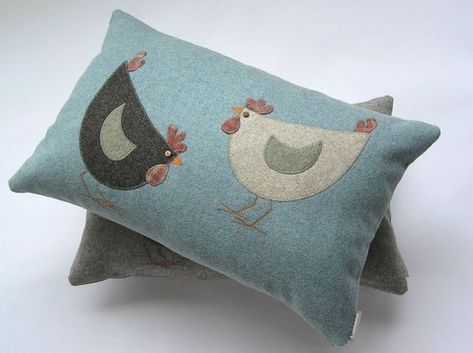 Chicken Pillows, Tartan Cushions, Paper Mulberry, Applique Cushions, Freehand Machine Embroidery, Sewing Cushions, Applique Pillows, Wool Projects, Sewing Pillows